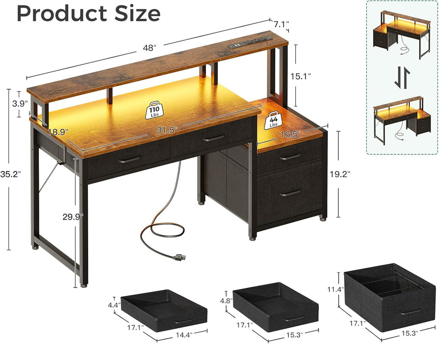 48-Inch Computer Desk with Fabric File Cabinet and Fabric Drawers, Reversible Office Desk with LED Strip and Power Strip, Gaming Desk with Monitor Riser, Writing/Study Table for Home, Vintage