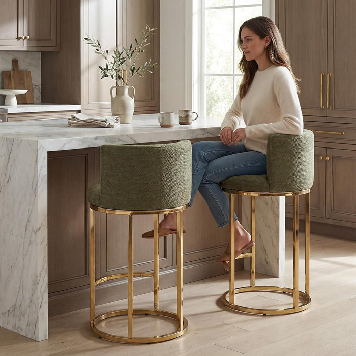 Counter Height Bar Stools Set of 2, Chenille Upholstered Barstools with Back, Modern Barrel Counter Stools for Kitchen Island with Gold Metal Frame, Green