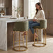 Counter Height Bar Stools Set of 2, Chenille Upholstered Barstools with Back, Modern Barrel Counter Stools for Kitchen Island with Gold Metal Frame, Green