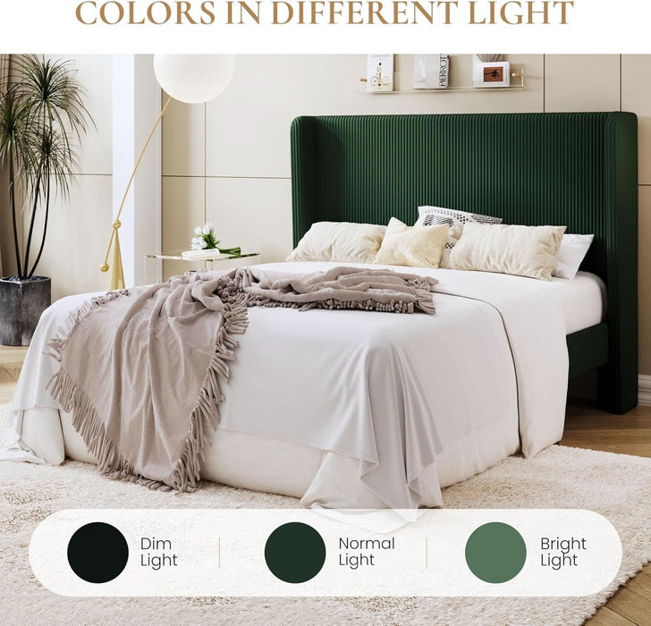 Queen Size Corduroy Upholstered Platform Bed Frame with Vertical Channel Tufted Wingback Headboard, 8" under Bed Storage, Wooden Slats & Metal Frame Support, Easy Assembly, Dark Green