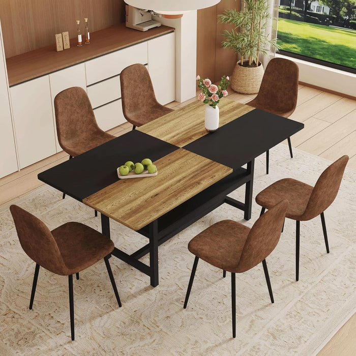 71" Farmhouse Dining Table Set for 6 - Wood Kitchen Table with Storage Shelf and Upholstered Chairs Set,Rectangular Dining Room Tables Set for Kitchen,Industrial Brown & Black Split-Color
