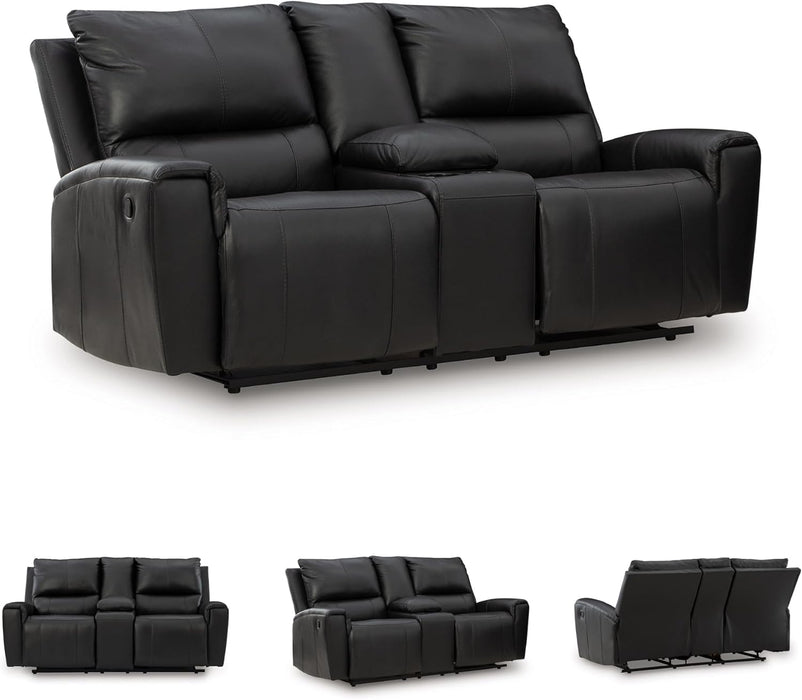 Glassmere Contemporary Leather Match Reclining Loveseat with Console, 2 Cup Holders and Storage, Black