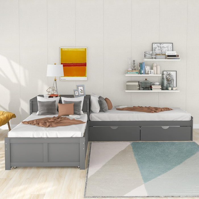 L-Shaped Platform Bed with Trundle, Drawers and Built-In Desk, Wood Bed for Teens, L Shaped Twin Bed, Grey
