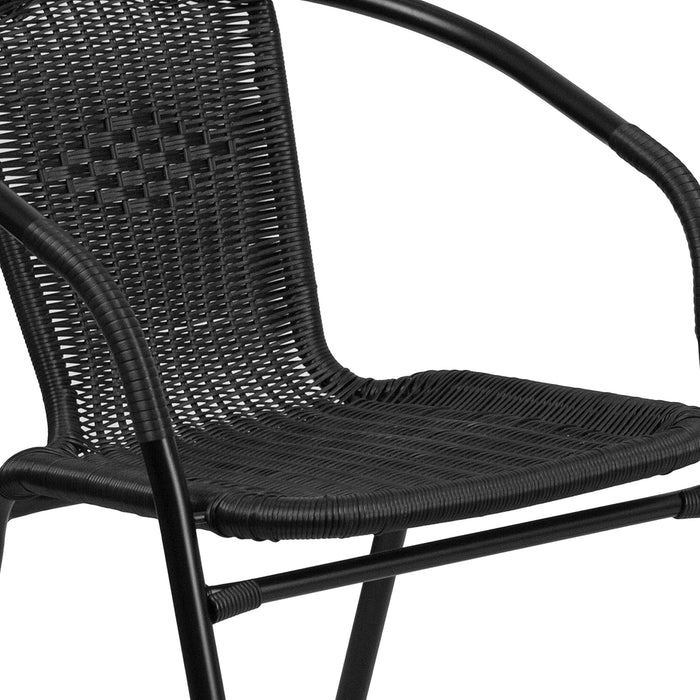 5-Piece 28" Square Indoor/Outdoor Patio Table and Chairs Set, Dining Set with Glass Metal Bistro Table, 4 Stack Rattan Chairs, Black