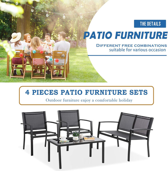 4 Pieces Patio Furniture Sets, Outdoor Patio Conversation Sets with Glass Coffee Table for Garden, Backyard, Lawn, Poolside (Dark Grey)