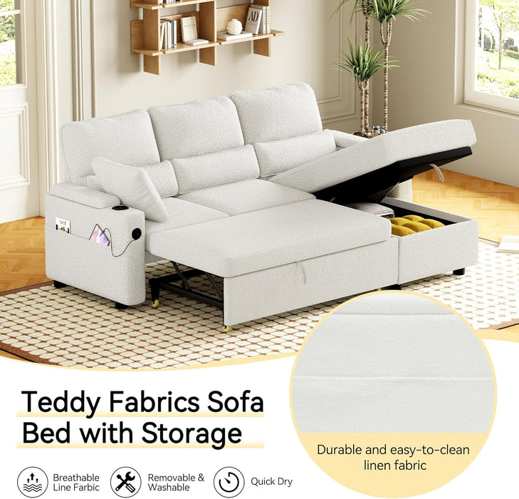 Pull Out ConvertibleSofaBed With Hidden Storage TeddyWhite