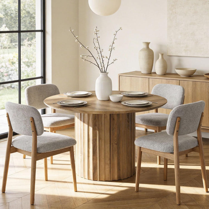 47-Inch round Dining Table for 4-6, Modern Kitchen Table with Fluted Pedestal Base, Farmhouse Wood Dinner Furniture for Dining Room, Kitchen & Living Room, Brown