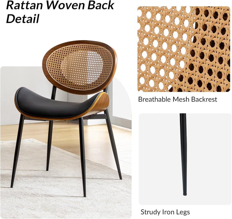Dining Chairs Rattan Backrest Set of 2, Modern Leather Side Chairs with Metal Legs, Comfy for Living Room/Kitchen, Black