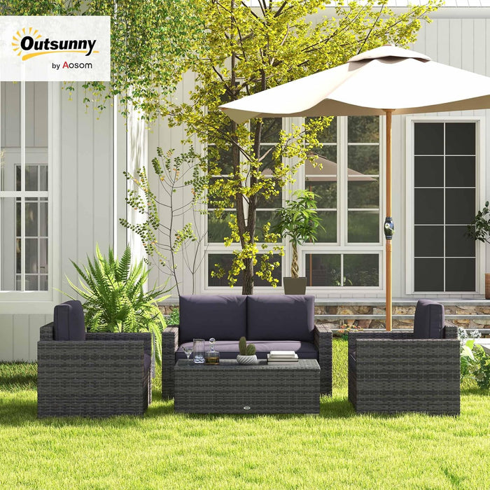 4 Piece Wicker Patio Furniture Set with Cushions, Outdoor Sectional Furniture with 2 Sofa, Loveseat, and Glass Top Coffee Table, Conversation Sofa Sets for Garden, Gray