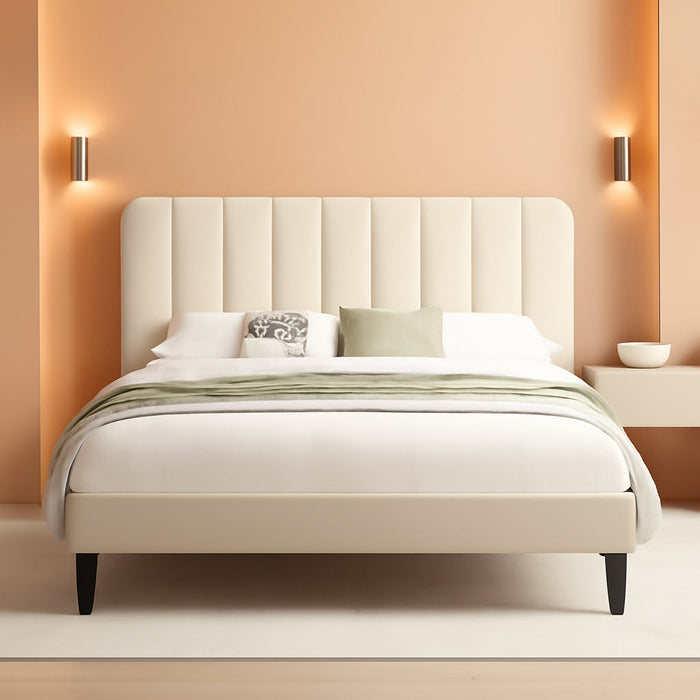 Full Size Bed Frame with Upholstered Headboard, Velvet Platform Bedframe Mattress Foundation, Strong Wood Slat Support, No Box Spring Needed,Bone Beige