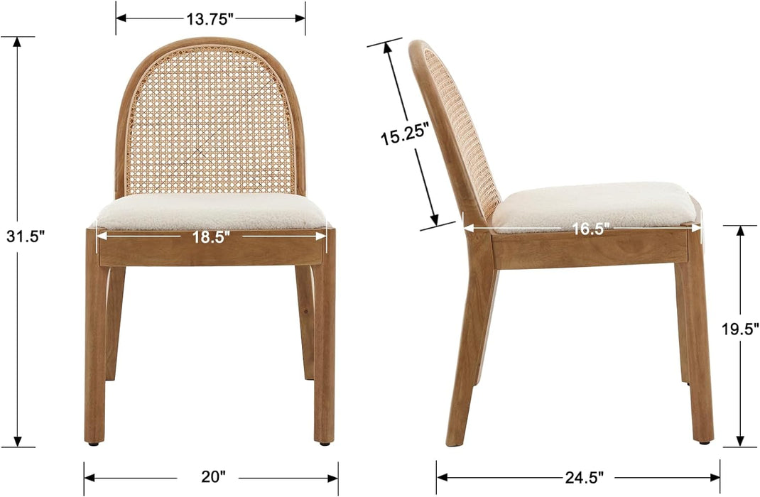 Mid Century Dining Chairs Set of 4, Accent Rattan Side Chairs Sherpa Fabric Kitchen Chair with Solid Wooden Legs for Living Room Dining Room, White