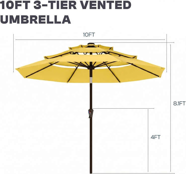 10Ft 3 Tier Patio Umbrella, Outdoor Market Table Umbrella with UPF 50+ Vented Canopy, 8 Sturdy Ribs, Easy Push Button Tilt and Crank, Windproof for Deck, Pool, Backyard and Garden