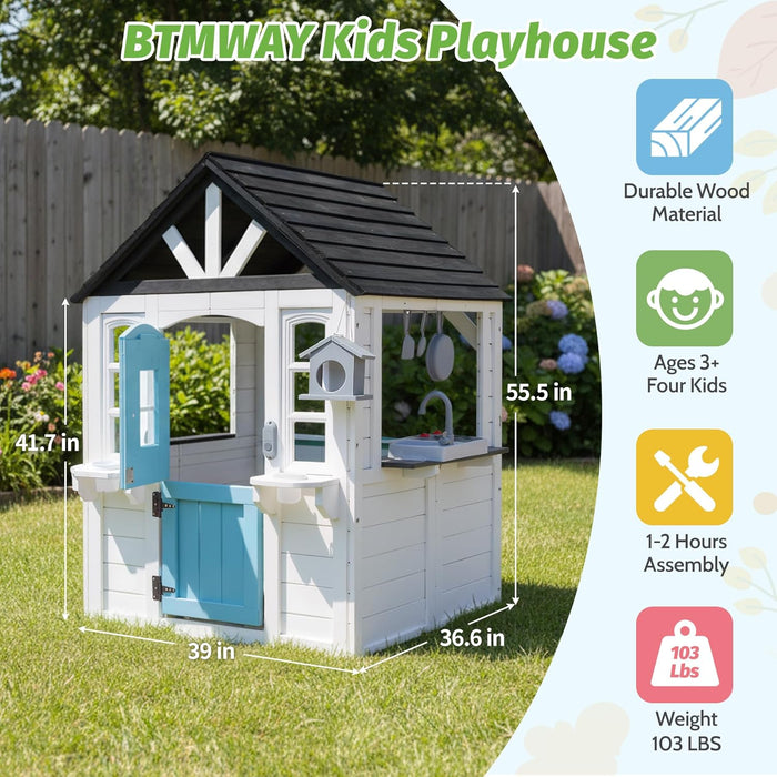 Kids Playhouse Outdoor,Cedar Wooden Play House for Kids Ages 3-8,With Dutch Door, Play Kitchen, Interactive Doorbell, Sink, Flowerpot, Birdcage