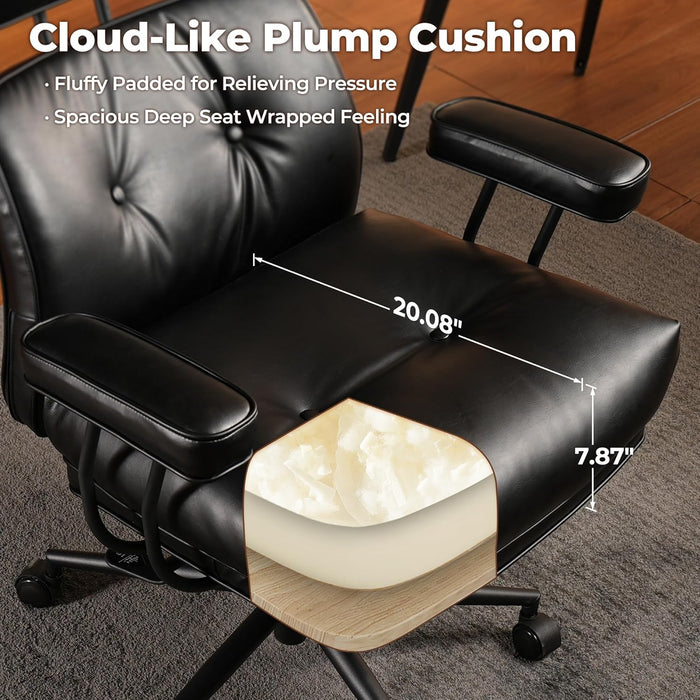 Ergonomic Home Office Chair, Mid-Century Modern Leather Chair with Lumbar Support, High Back Swivel Rolling Executive Chair with Comfy Thick Cushion (Black, PU Leather)