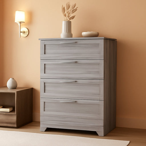 Farmhouse 4 Drawer Dresser for Bedroom, Tall Bedroom Dresser with Large Drawer & Silver Handles, Wooden Storage Organizer Cabinet Chest of Drawer for Closet, Living Room, Hallway, Wash Grey