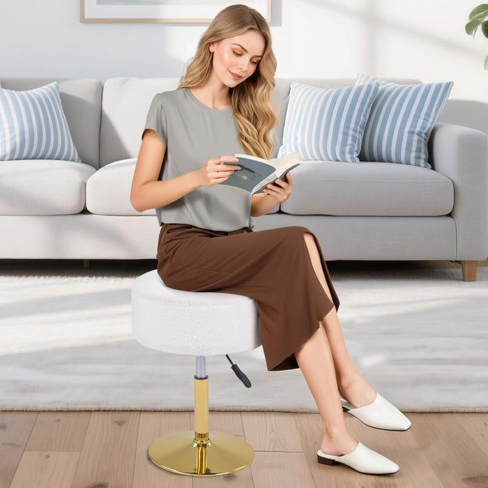 Adjustable Vanity Stool with Storage, 360° Swivel Gold Chair, Faux Fur Small round Ottoman Footrest for Bathroom, Makeup Room, White