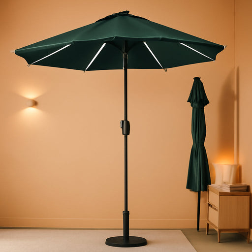 9FT Outdoor Solar LED Lighted Patio Umbrella with 8 LED Strip Lights & 8 Ribs, Convenient Crank Lift System