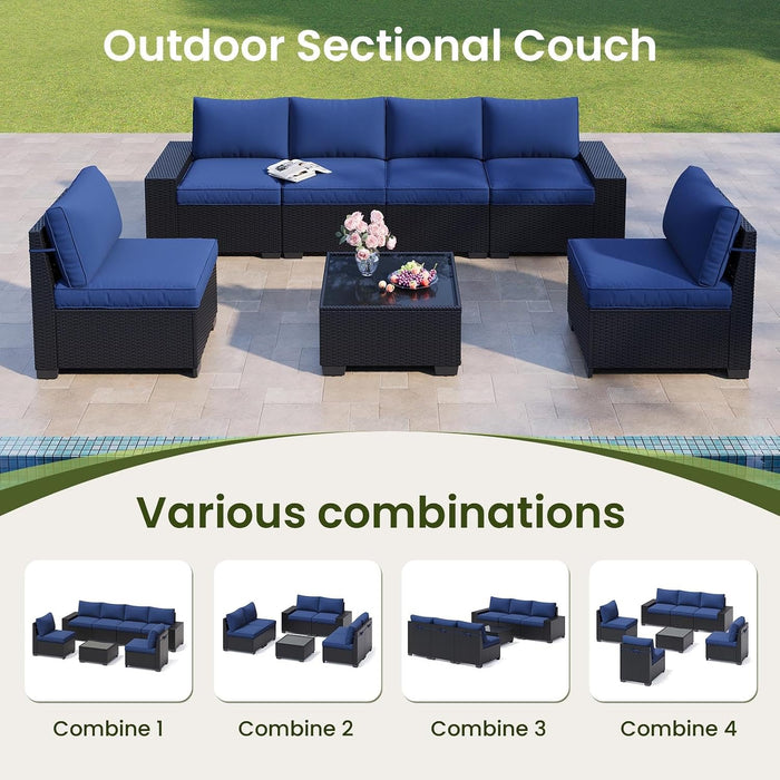 7-Piece Outdoor Patio Furniture Set, 6-Seat All-Weather PE Rattan Wicker Patio Sectional Furniture Set with Coffee Table, 450 Lb Capacity
