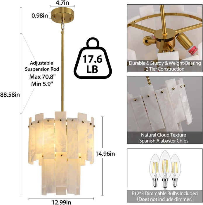 Alabaster round Chandelier, 2-Tier Spanish Alabaster Chandeliers, Warm White, 13" Modern Small Gold Marble Pendant Chandeliers for Foyer, Kitchen Island, Dining Room, Bedroom