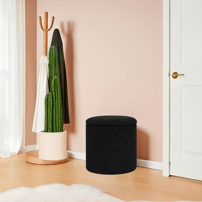 Ottoman with Stroage, Boucle round Storage Ottoman with Tray,Foot Rest Stool for Dorm Room, Living Room Black, 12.99"X12.99"X13.78"