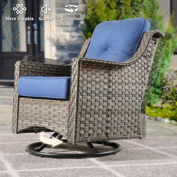Patio Furniture,All Weather Wicker 5 PCS Outdoor Sofa with High Back Swivel Rocker Chairs,Conversation Set with Solar Powered Coffee Table,Grey Rattan Light Blue Cushion