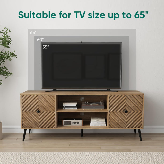 Walnut TV Stand with Fluted Diamond Doors, 55.12" Mid Century Modern TV Media Console for Tvs up to 65", TV Cabinet with Adjustable Shelf & 2 Cabinets for Living Room
