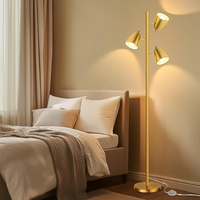 Tree Floor Lamp with 3 Light Bulbs, Standing Tall Pole Lamps for Living Room Bedroom Office, Reading Stand up Lamps with 3 Adjustable Arms, Brushed Gold