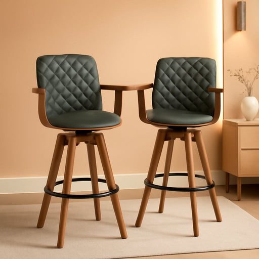 Set of 2 Bar Height Bar Stools - 30 Inch Swivel Bar Stools with Curved Back and Arms, Walnut Craftsmanship, Upholstered Seat, Mid Century Barstools for Bar/ Pub/Island/Coffee (30" Seat Height, Green)
