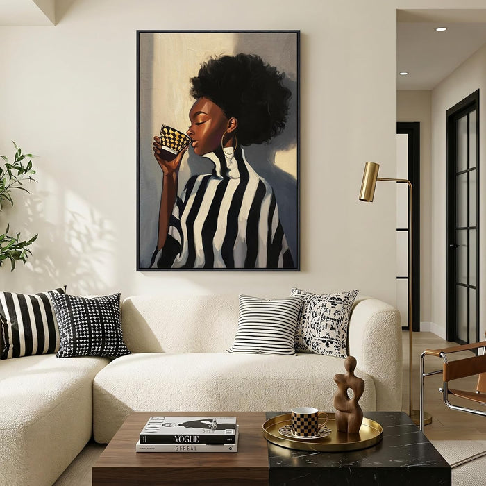 Framed African American Wall Art, Modern Black Woman Canvas Picture Prints, Black and White Portrait Black Art Decor for Living Room, Coffee Corner, Bedroom, Office, 24 X 36 In