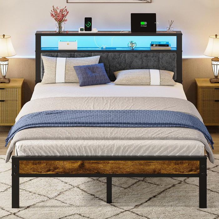 Queen Size Bed Frame with 2-Tier Storage Shelf Headboard, LED Lights