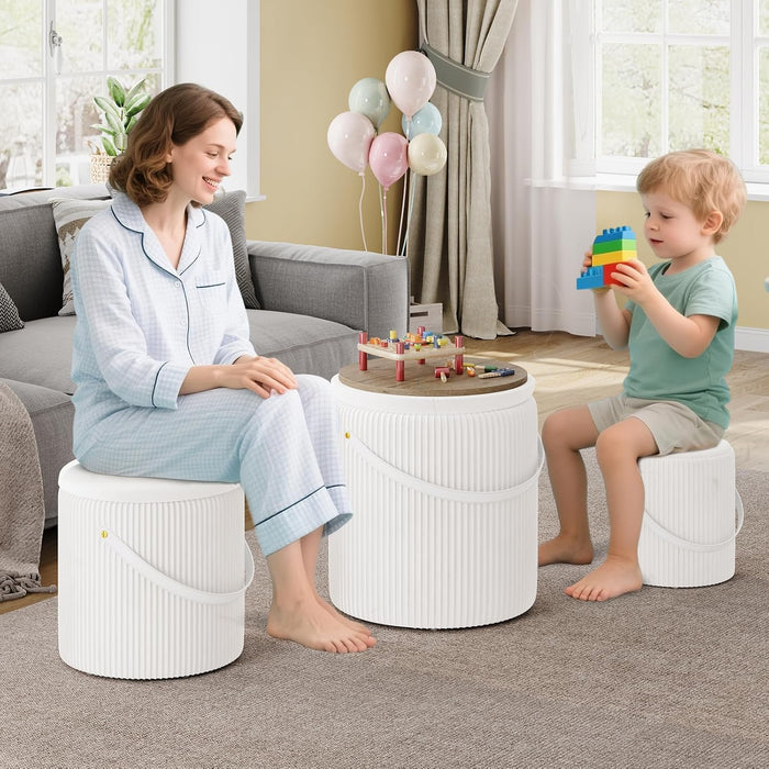 Ottoman with Storage Set of 3, round Storage Ottoman with Handle, Velvet Vanity Stool for Dorm & Bedroom, Upholstered Foot Stool for Living Room, Multifunctional Ottomans Coffee Table, White