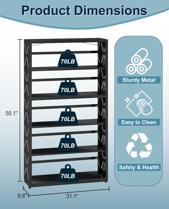 5-Tier Tall Book Shelf, Metal Bookcase with Adjustable Shelves | Metal Bookshelf,Bookend,Anti-Tip,Leveling Feet,,Display Storage Shelves for Bedroom/Office,Rust-Resistant,Easy Assembly Black