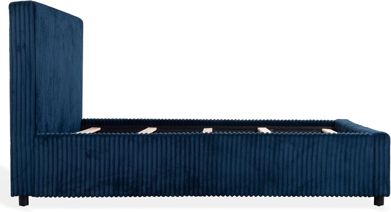 Couture Collection - Mallika Navy Corduroy Queen Bed, Channel Tufted Headboard, Plush Upholstery, No Box Spring Needed (SFV6117C-Q)