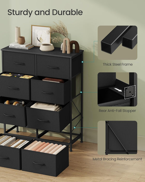 Dresser for Bedroom, Chest of Drawers, Steel, MDF, 8 Non-Woven Fabric Drawers, Storage Organizer Unit, Closet, Entryway, Ink Black and Ebony Black ULGS124B01S