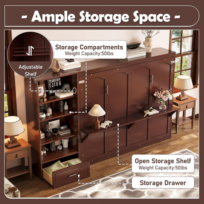 Queen Horizontal Murphy Bed With Desk WalnutFinish