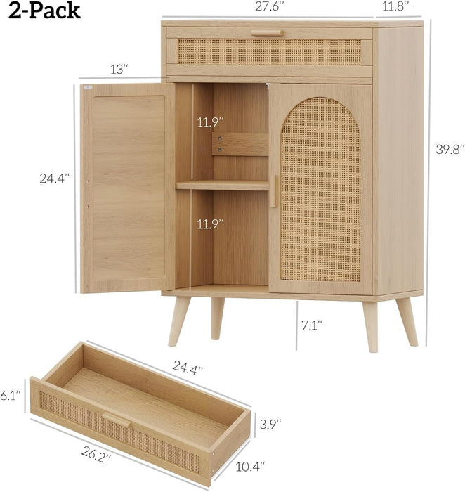 Rattan Storage Cabinet Set of 2, Buffet Sideboard with Storage, Coffee Bar with Drawer & Doors, Accent Floor Cabinet for Living Room, Dinning Room, Entryway, Natural