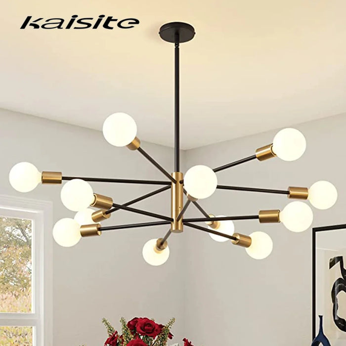 12-Light Modern Sputnik Chandeliers Black & Gold Ceiling Light Fixtures for Dining Room Living Room Bedroom