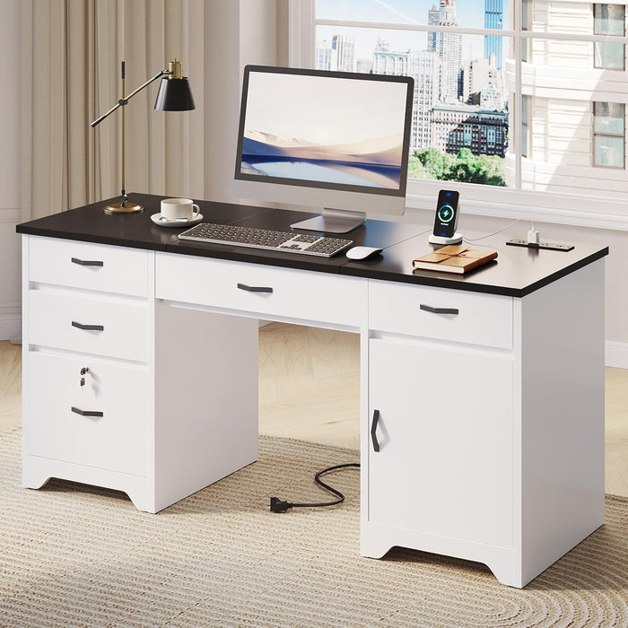 59” Office Desk with Lockable Drawers, Modern Computer Desk with File Drawer, Charging Station & Drop-Front Keyboard Drawer, Executive Desk with Storage Cabinet for Home Office & Studio, White