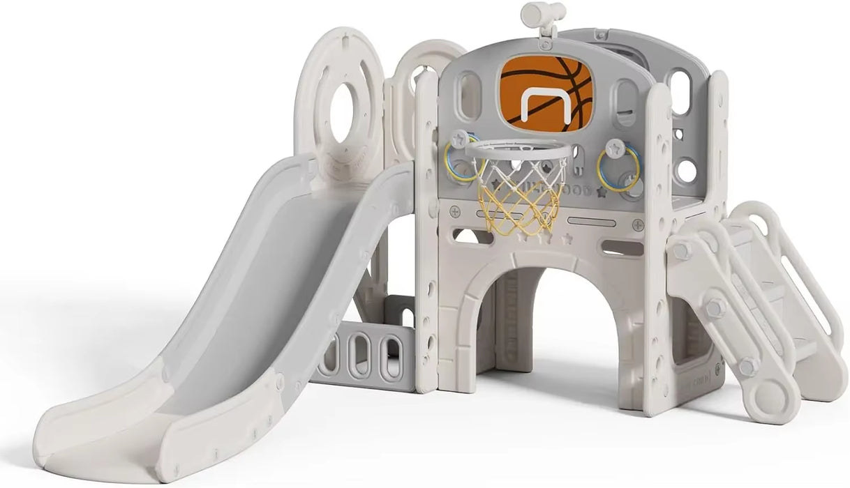 Kids Slide Playset, Toddlers Playground, Kids Playhouse with Slide, Tunnel, Basketball, Climber and Storage Space