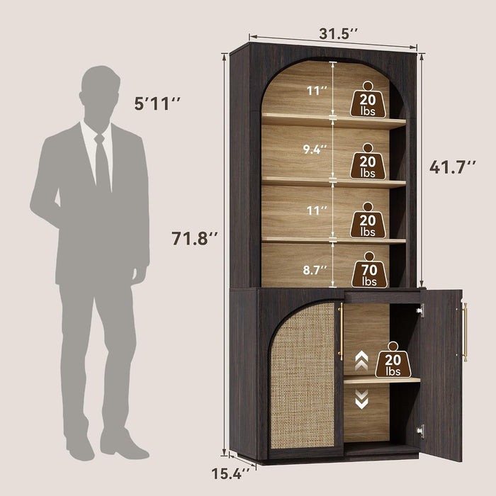 72" Tall Arched Storage Cabinet with Hutch, Bookcase with Open Shelves