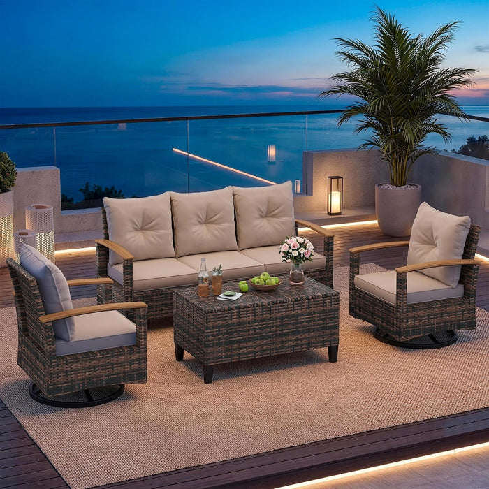 Patio Furniture Set, 4 Pieces Outdoor Patio Conversation Sets with Swivel Chairs, Wicker Patio Furniture Set with Storage Table, Outdoor Couch Set for Balcony, Porch, Deck, Backyard, Beige