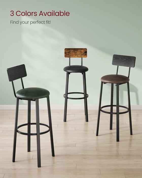 Bar Stools, Set of 2 PU Upholstered Breakfast Stools, 29.7-Inch Barstools with Back and Footrest, Simple Assembly, for Dining Room Kitchen Counter, Classic Black and Forest Green ULBC069C01