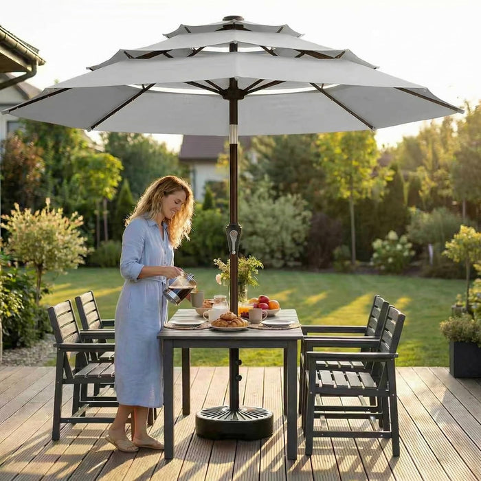 10FT Patio Umbrella 3 Tiers Outdoor Market Umbrella with 32 Solar Powered LED Lights, Windproof Outdoor Market Umbrella for Deck, Poolside & Garden, Sturdy Push-Button Tilt Table Umbrella, Light Gray