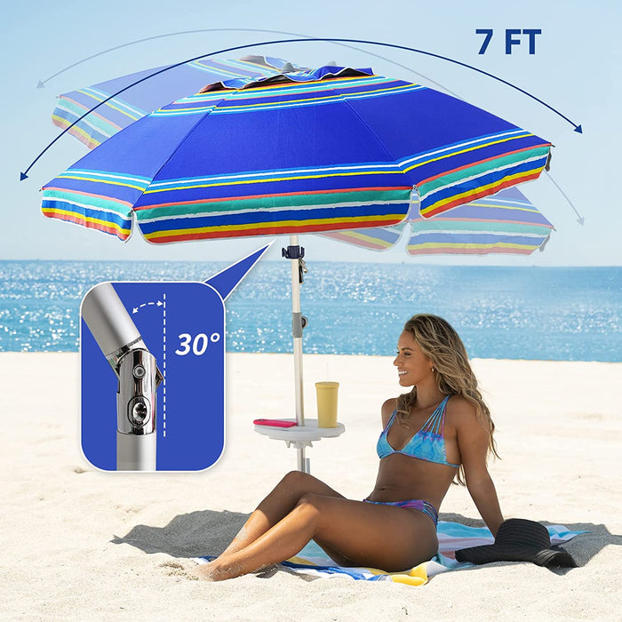 7Ft Heavy Duty High Wind Beach Umbrella Parasols with Sand Anchor & Tilt Sun Shelter, UV 50+ Protection Outdoor Sunshade Umbrellas Carry Bag for Patio Garden Pool Backyard Stripe Blue