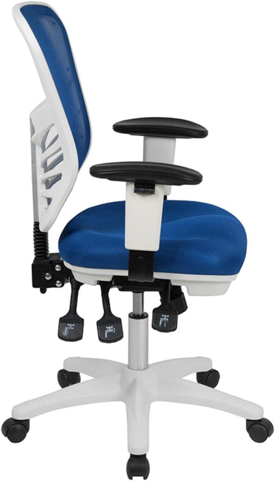 Nicholas Mid-Back Blue Mesh Multifunction Executive Swivel Ergonomic Office Chair with Adjustable Arms and White Frame