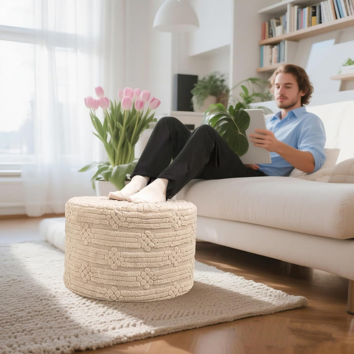 Pouf Ottoman Foot Rest – Plush round All-In-One Foam Stool for Cozy Lounging, Floor Pouf & Chic Decor (Light Coffee)