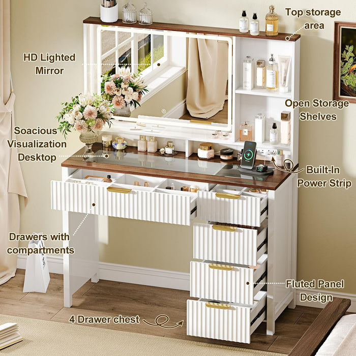 43" Large Vanity Desk with 30" HD Lighted Mirror,Modern Vanity Desk with Mirror and Lights, Makeup Vanity with 5 Drawers and Storage Shelves and Charging Station, White2300