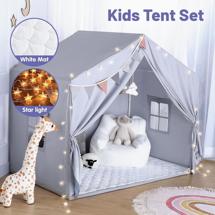 Kids Play Tent Indoor - with Mat, Star Lights - Large Toddler Tents Playhouse for Girls Boys, Bed Tent for Bedroom inside Birthday Gifts Toys(Gray)