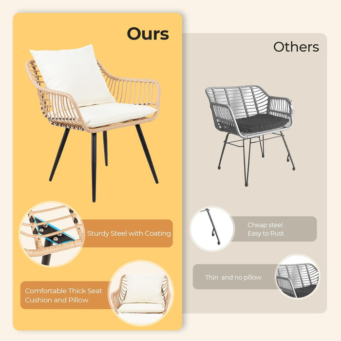 5 Piece Patio Bistro Set with Ottoman, Outdoor Wicker Apartment Balcony Furniture Sets, Rattan Table and Chairs Set of 2 for Porch Backyard Lawn Poolside Deck (Yellow/Beige)