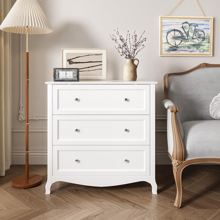 White Dresser 3 Drawer Chest of Drawers for Bedroom, Painted Wood Dresser with Large Drawers and Curved Legs, 31.5" W Large Nightstand, 31.5" W*15.75" D*31.5" H